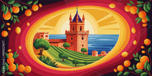 Vibrant Mediterranean coastal landscape with historic tower, orange grove frame and sunrise over sea, colorful vector illustration