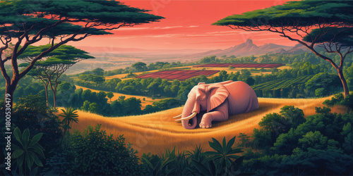 Surreal pink elephant resting in golden savanna field at sunset, lush African landscape with acacia trees, mountains and farmland