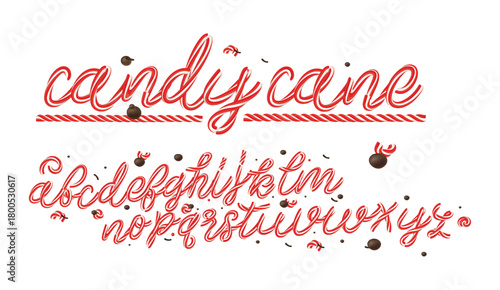 Christmas candy cane 3d alphabet isolated on white background. Decorative vector font for Winter Holidays and New Year. Vector illustration. 