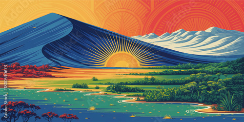 Vibrant sunrise over stylized blue mountains, tropical river and lush forest landscape illustration, colorful nature panorama art