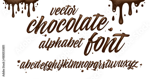 Latin alphabet made of dark melted chocolate with border. Sweet food packaging font. Liquid font style. Vector illustration.	