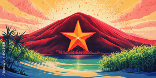 Vibrant tropical landscape illustration with glowing star over red mountain, sunset sky, lagoon water and lush jungle plants