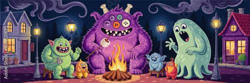 Cute cartoon monsters roasting marshmallows at night campfire in cozy village street, whimsical Halloween illustration for kids banner