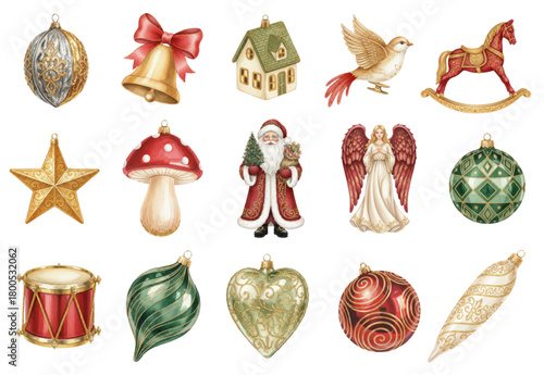 Watercolor Christmas Ornament Set with Santa, Angel, and Vintage Toys