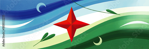 Abstract red compass star with blue waves and green hills, Islamic crescent motifs and foliage, modern nature travel background