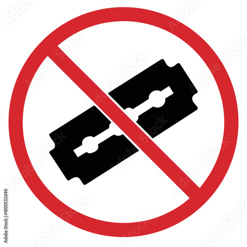 No razor blades allowed sign with a prohibitory symbol on a white background