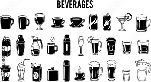 Black and White Vector Icons Set of Various Beverages: Coffee, Tea, Beer, Cocktails, Juice, Water in Cups, Mugs, Glasses, Cans, and Bottles