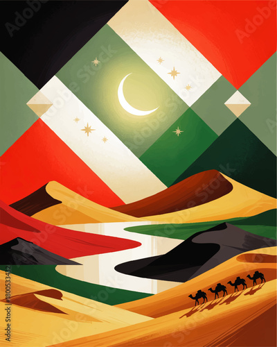 Colorful geometric desert landscape with camel caravan, abstract Islamic crescent moon and stars, Middle Eastern travel illustration