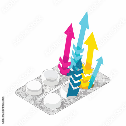 Vibrant arrows ascend from a medical blister pack, illustrating concepts of health improvement, successful treatment, growth, and positive progress.
