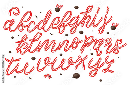 Christmas candy cane 3d alphabet isolated on white background. Decorative vector font for Winter Holidays and New Year. Vector illustration.