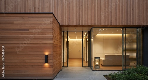 Modern house exterior showcasing wood cladding, glass windows, and minimalist design elements