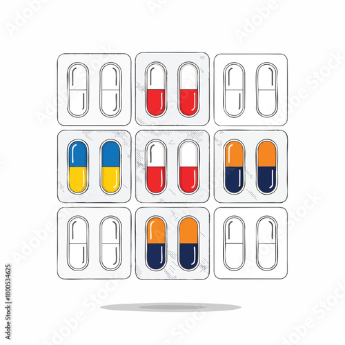 An organized grid showcases a variety of colorful medical capsules presented in individual blister packs, illustrating diverse pharmaceutical options and healthcare treatments.
