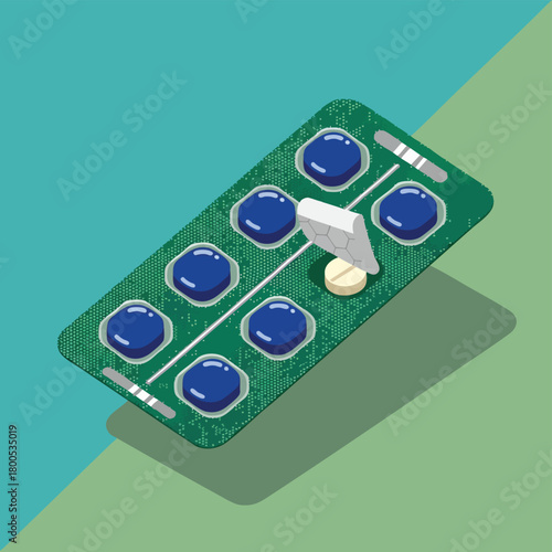 An isometric graphic illustration depicting a green blister pack with blue pills, one tablet being carefully pushed out for daily medication dosage.