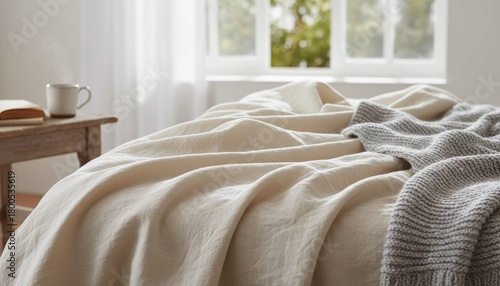 Close up of soft linen sheets on a bed bathed in light