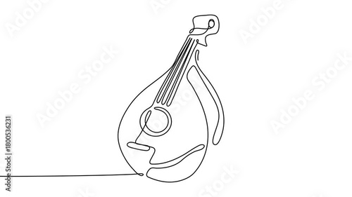 Continuous line drawing of a kobza, bandura, traditional Ukrainian string musical instrument. Minimalist one line art video illustration of folk music concept, elegant contour design.