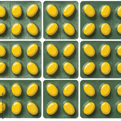 A repeating pattern of yellow pills in a blister pack on a green background, representing medicine and healthcare.