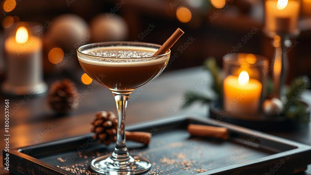 Obraz premium A festive cocktail served in a glass, garnished with a cinnamon stick, surrounded by candles and holiday decorations. Perfect for seasonal celebrations.