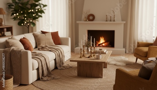 Cozy living room with fireplace and warm accents