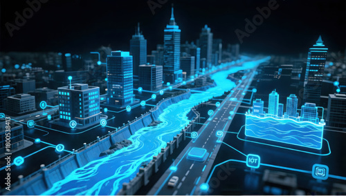 Futuristic urban landscape showcasing smart river management with water flow monitoring and IoT technology integrated into infrastructure