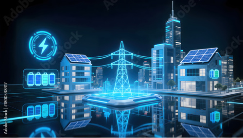 Futuristic smart city scene featuring central energy hub with solar panels, power lines, and battery storage, showcasing advanced technology