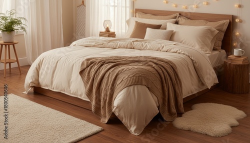 Cozy bed with beige duvet and knitted throw blanket