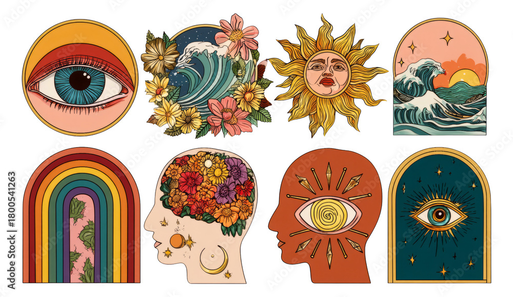 Fototapeta premium Colorful Illustrations of Nature, Eye, Sun, and Floral Elements in Unique Styles