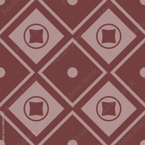 Abstract geometric pattern featuring burgundy and pink diamond shapes with circular accents. Clean, modern, and seamless design suitable for backgrounds, textiles, and digital projects.