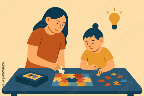 Big Sister Solving Jigsaw Puzzle with Sibling Flat Vector