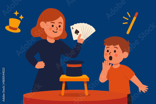 Big Sister Performing Card Magic Trick Flat Vector