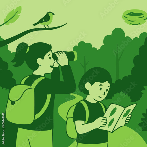 Big sister points binoculars at perched bird while little sister checks field guide; feather and nest icons; forest trail; flat style, nature solid greens