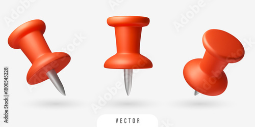 3D red thumbtack set. Vector Isolated stationery pins