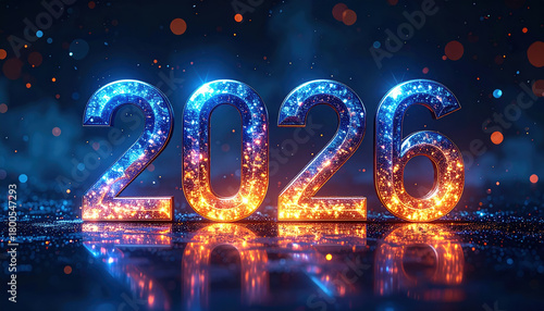 Glittering numbers 2026 in vibrant blue and orange hues sparkle against dark, festive background, evoking sense of celebration and anticipation for new year