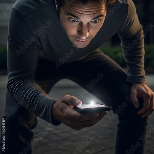 A man crouching outdoors at night while looking intently at his smartphone with a focused expression on his face