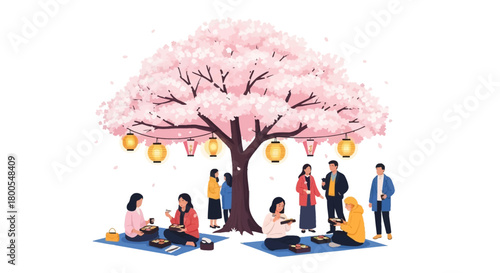 Blossom Picnic Under a Cherry Tree with Friends and Lanterns