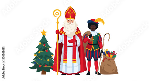 Saint Nicholas and helper with gifts and Christmas tree