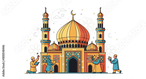 Flat vector illustration of a Muslim community celebrating an Islamic holiday like Ramadan or Eid al-Fitr in front of a mosque