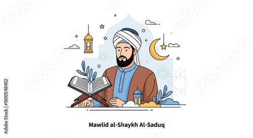 Mawlid al-Shaykh al-Saduq Illustration with Muslim Man and Book