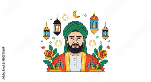 Vibrant illustration of bearded man in traditional Islamic attire, adorned with lanterns, crescent moon, and flowers, representing cultural heritage