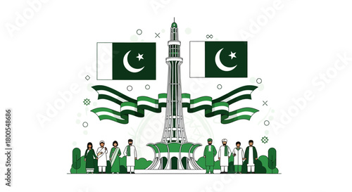 Pakistani National Day Celebration with People at a Famous Landmark and Waving National Flags Illustration
