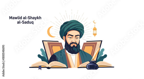 Stylized historical portrait of an ancient Islamic scholar with a turban, surrounded by open books and a quill, symbolizing profound wisdom, knowledge, and cultural heritage