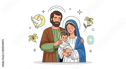 A tender illustration of the Christian Holy Family, with Joseph and Mary holding the infant Jesus surrounded by spiritual symbols