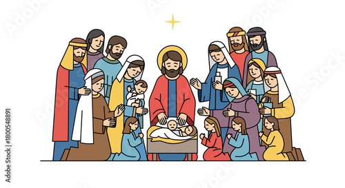 Nativity Scene Illustration Celebratory Gathering Around Baby Jesus