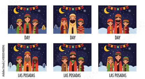 A collection of six vector cartoon illustrations featuring Mary and Joseph for the Mexican Christmas celebration of Las Posadas