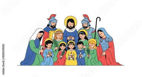 Charming flat vector illustration depicting a sacred gathering of spiritual figures, children, and guardians, representing faith and community traditions