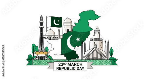 Vector art celebrating March 23rd, Pakistan's Republic Day, featuring the national map and iconic monuments