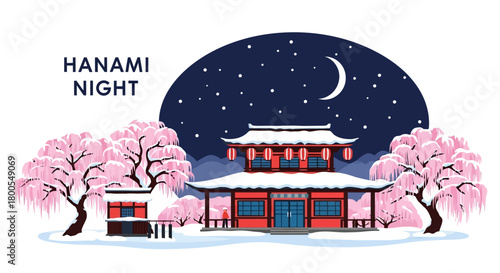 Traditional Asian shrine surrounded by pink cherry blossom trees on a magical winter evening