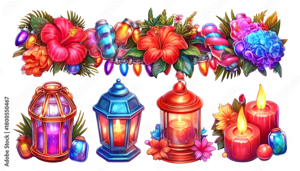 Fototapeta premium Colorful Floral Lanterns and Candles with Decorative Elements for Seasonal Themes