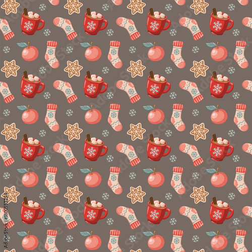 Seamless pattern with cocoa mugs, gingerbread cookies, mandarins and socks on brown background. Vector cozy seasonal background.