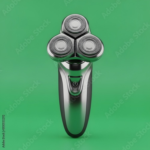 A modern electric shaver with three rotary blades and a sleek ergonomic handle set against a vibrant green background