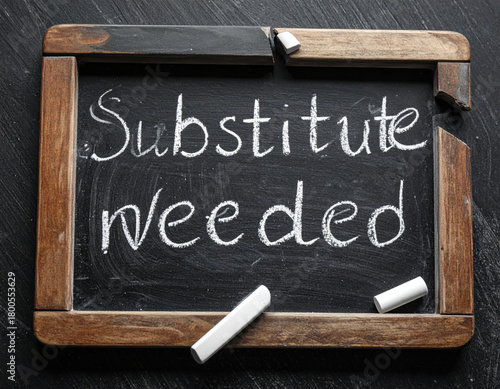 Chalkboard message substitute needed for job opening. concept about hiring and current labor market shortages which makes finding replacement challenge